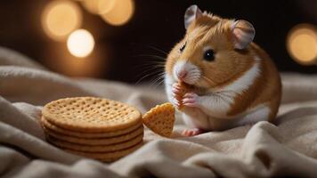 A cute hamster enjoying a snack next to a stack of crackers on a soft surface. photo