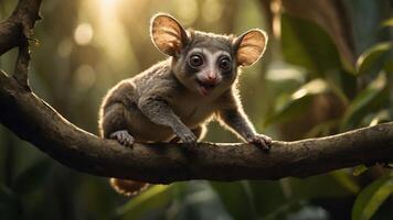 A cute animal with large ears and expressive eyes perched on a branch in a forest setting. photo