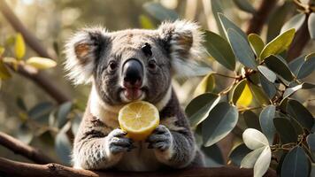 A koala holds a lemon slice while perched on a tree branch, showcasing a playful moment. photo