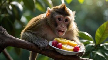 A monkey sitting on a branch, enjoying a plate of fruit including pineapple and raspberries. photo