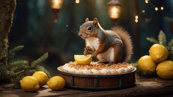 A squirrel joyfully garnishing a lemon pie with a slice of lemon in a forest setting. photo