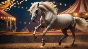 A majestic white horse gallops gracefully in a circus setting, surrounded by colorful lights. photo