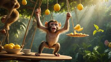 A playful monkey joyfully interacts with lemons in a vibrant jungle setting. photo