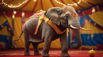 An elephant adorned with decorations stands in a colorful circus setting. photo