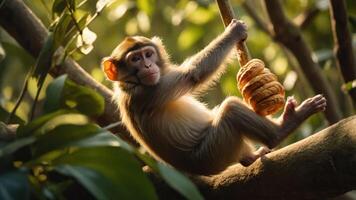 A monkey hanging from a branch, playfully holding a stack of donuts. photo
