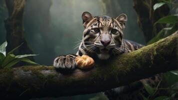 A close-up of a jaguar resting on a branch in a lush jungle setting. photo