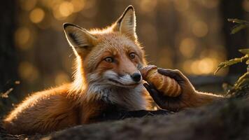 A fox receives a pastry from a hand in a serene forest setting during golden hour. photo