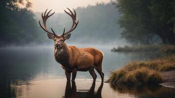 A majestic stag wades through a misty river at dawn, surrounded by serene nature. photo