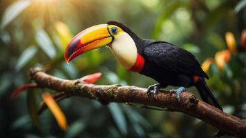 A vibrant toucan perched on a branch amidst lush greenery. photo
