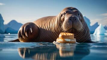 A walrus resting on ice with a dessert, showcasing a playful interaction with food. photo