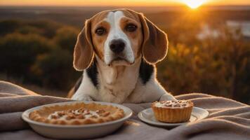 A beagle sits at sunset, gazing at a pie and a cupcake on a blanket. photo