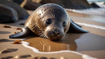 A seal resting on a sandy beach with gentle waves lapping at its body. photo