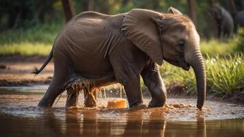 A playful baby elephant splashes in muddy water, enjoying its surroundings. photo