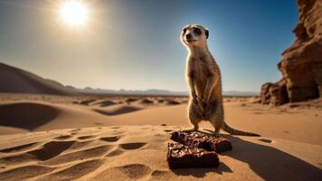 A meerkat stands in a desert landscape with brownies in the foreground under a bright sun. photo