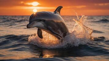 A dolphin leaps from the ocean at sunset, creating a beautiful splash against a vibrant sky. photo