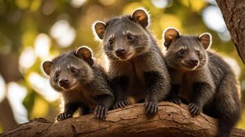 Three playful animals perched on a branch in a natural setting. photo