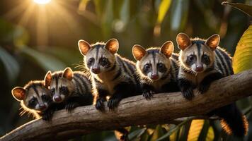 A group of five striped animals perched on a branch in a natural setting. photo