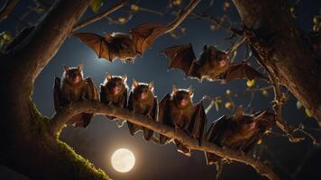 A group of bats hanging from a branch under a full moon in a nighttime setting. photo