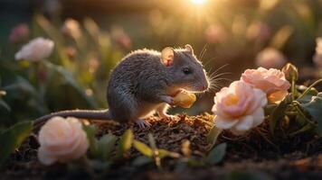 A mouse nibbling on food among blooming flowers during sunset. photo