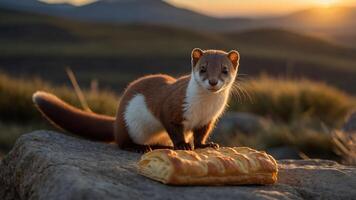 A small animal stands on a rock beside a pastry, with a scenic sunset backdrop. photo