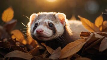 A playful ferret nestled among autumn leaves, illuminated by warm sunlight. photo