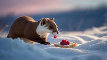A small animal enjoying raspberries on a slice of bread in a snowy landscape. photo