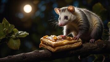 A cute opossum enjoys a pastry topped with fruit preserves on a branch at night. photo