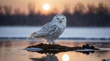 A snowy owl stands on a small island in a frozen landscape, with a sunset in the background. photo