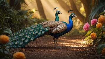 Two peacocks walking along a forest path, surrounded by colorful flowers and soft sunlight. photo
