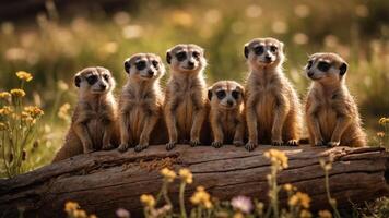 A group of six meerkats sitting together on a log in a flower-filled meadow. photo