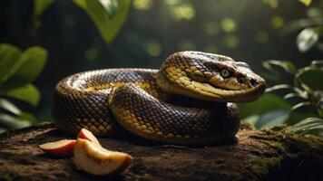A coiled snake resting on a log with apple slices nearby in a lush green environment. photo