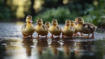 A line of ducklings walking along a wet path, showcasing nature's charm and innocence. photo