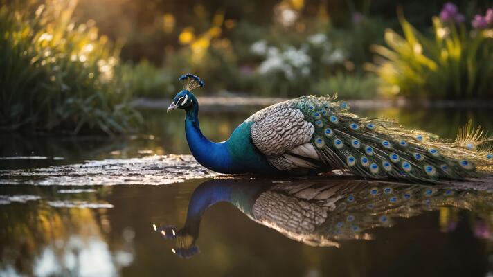 A peacock gracefully drinks from a tranquil pond, surrounded by lush greenery and soft light.