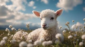 A cute lamb resting in a field of flowers under a blue sky with fluffy clouds. photo