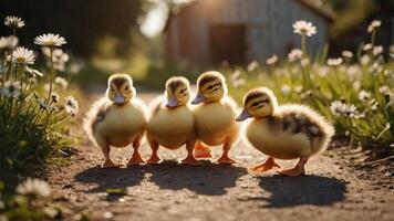 Four fluffy ducklings walking along a path surrounded by flowers in a sunny setting. photo