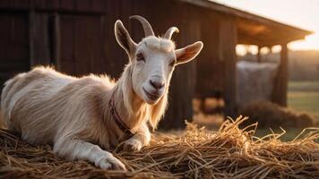 A goat resting on straw with a barn in the background during golden hour. photo