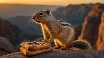 A squirrel curiously approaches a pastry at sunset in a scenic landscape. photo