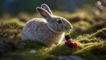 A rabbit sits on mossy ground, surrounded by berries in a serene natural setting. photo