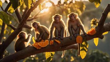 Four monkeys sitting on a tree branch, enjoying oranges in a sunlit setting. photo