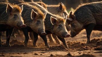 A group of wild boars foraging in a natural setting during golden hour. photo