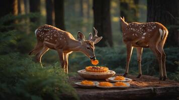 Two deer in a forest enjoying a feast of orange desserts on a wooden table. photo