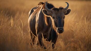 A close-up of a cow in a golden grass field during sunset. photo