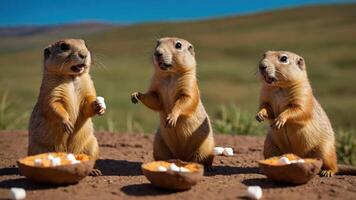 Three prairie dogs enjoying snacks from bowls in a natural setting. photo