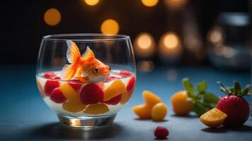 A goldfish swimming in a colorful fruit dessert, creating a whimsical and playful scene. photo
