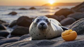 A seal resting on rocks near the ocean at sunset, with an orange beside it. photo
