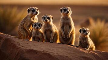 A group of five meerkats standing on a rock, gazing into the distance during sunset. photo