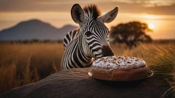 A zebra curiously approaches a cake at sunset in a serene natural setting. photo