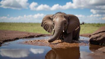 A young elephant splashes in a waterhole under a blue sky with fluffy clouds. photo