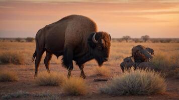 A bison stands in a serene landscape at sunset, surrounded by gentle hills and grasses. photo