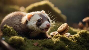 A playful ferret interacts with a cookie in a natural setting, highlighting its curious nature. photo